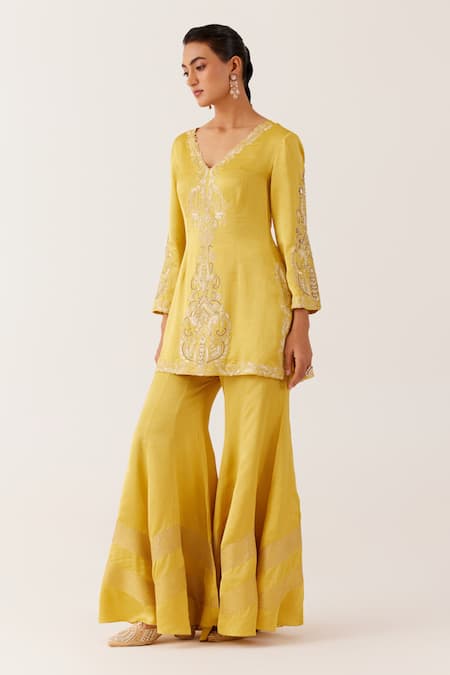 Shop_Devnaagri_Yellow Organza, Satin Embroidery, Sequins, Dori Kurta Sharara Set _at_Aza_Fashions