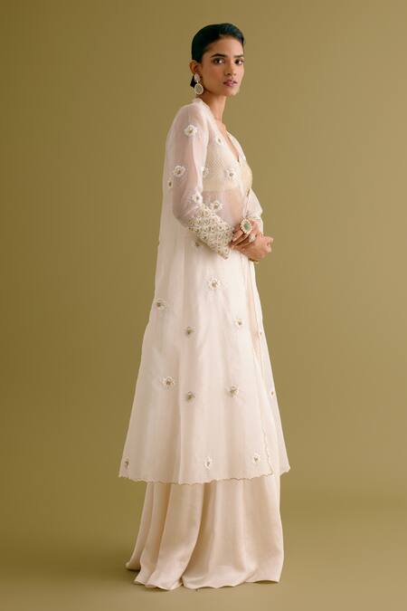 Devnaagri Ivory Organza, Satin Pearls, Sequins Embroidered Jacket Sharara Set at Aza Fashions Devnaagri_Ivory Organza, Satin Pearls, Sequins Embroidered Jacket Sharara Set _at_Aza_Fashions