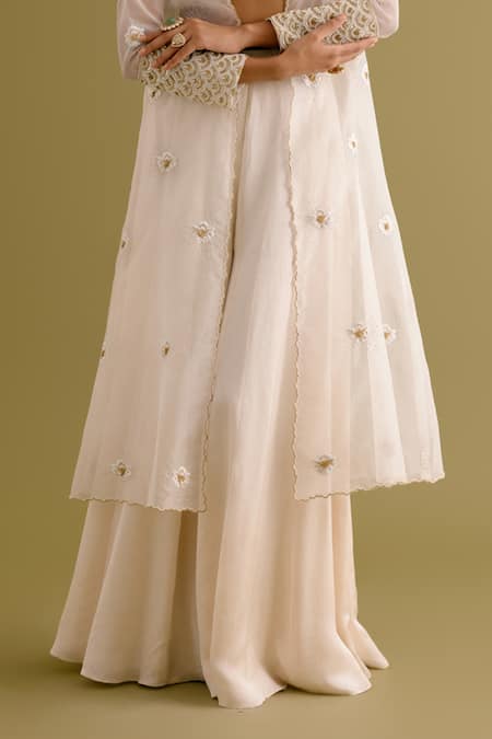 Buy Devnaagri Ivory Organza, Satin Pearls, Sequins Embroidered Jacket Sharara Set Buy_Devnaagri_Ivory Organza, Satin Pearls, Sequins Embroidered Jacket Sharara Set