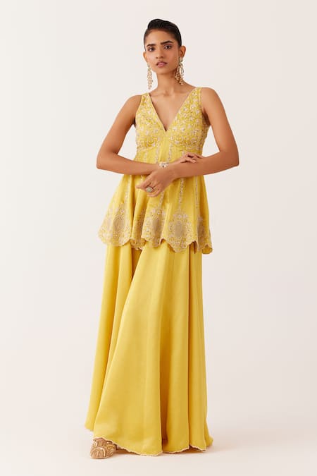 Devnaagri_Yellow Net, Silk Satin Embroidery, Sequins, Pearls, Zari Work Kurta Sharara Set _Online_at_Aza_Fashions