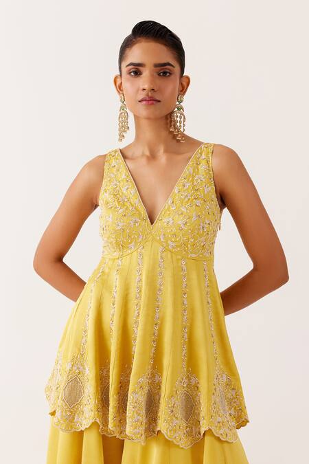 Buy_Devnaagri_Yellow Net, Silk Satin Embroidery, Sequins, Pearls, Zari Work Kurta Sharara Set _Online_at_Aza_Fashions