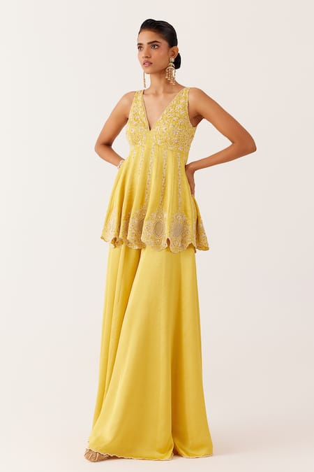 Shop_Devnaagri_Yellow Net, Silk Satin Embroidery, Sequins, Pearls, Zari Work Kurta Sharara Set _Online_at_Aza_Fashions
