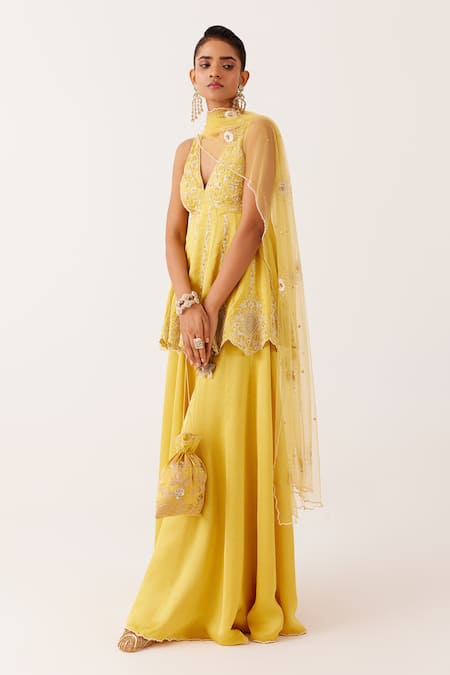 Devnaagri_Yellow Net, Silk Satin Embroidery, Sequins, Pearls, Zari Work Kurta Sharara Set _at_Aza_Fashions