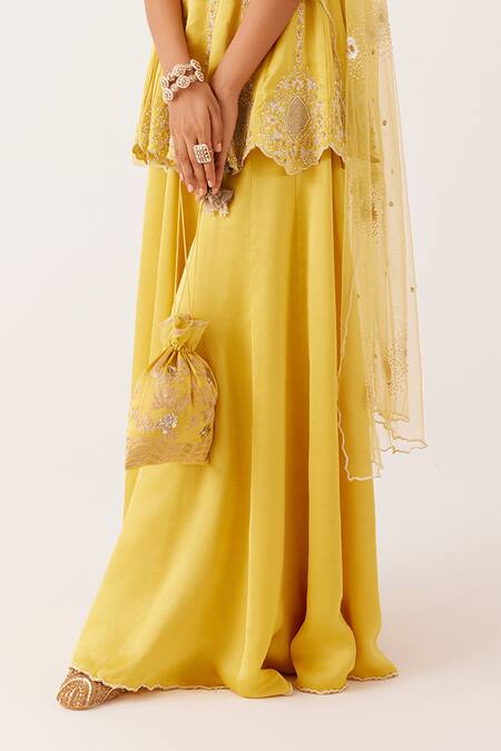 Buy_Devnaagri_Yellow Net, Silk Satin Embroidery, Sequins, Pearls, Zari Work Kurta Sharara Set 