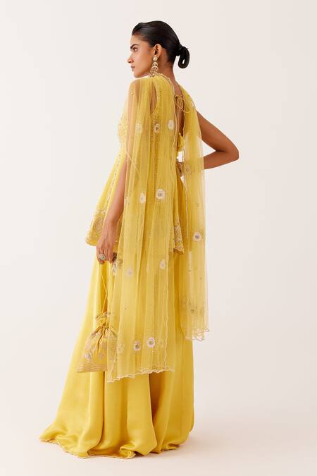 Shop_Devnaagri_Yellow Net, Silk Satin Embroidery, Sequins, Pearls, Zari Work Kurta Sharara Set _at_Aza_Fashions