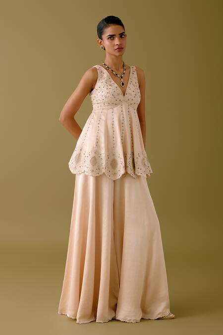 Devnaagri_Ivory Silk Satin, Net Pearls, Sequins, Zari V-neck Work Kurta Sharara Set _Online_at_Aza_Fashions