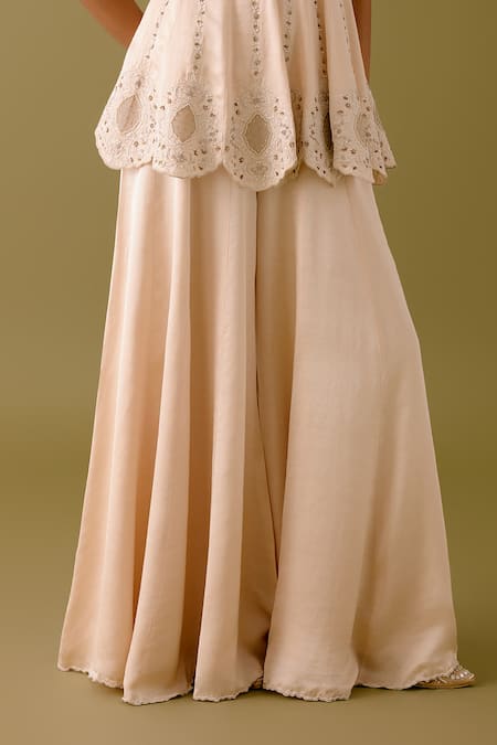 Buy_Devnaagri_Ivory Silk Satin, Net Pearls, Sequins, Zari V-neck Work Kurta Sharara Set _Online_at_Aza_Fashions