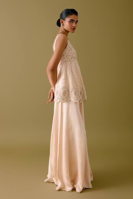 Devnaagri_Ivory Silk Satin, Net Pearls, Sequins, Zari V-neck Work Kurta Sharara Set _at_Aza_Fashions