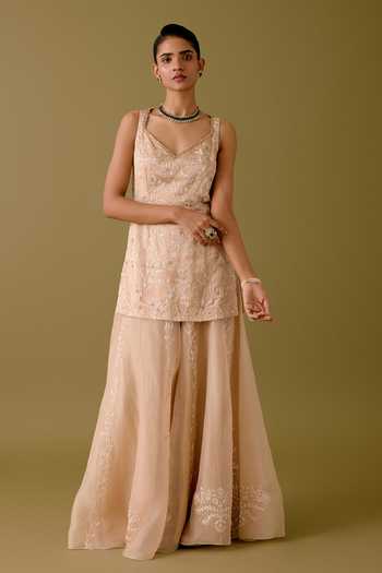 Devnaagri_Beige Organza, Satin, Sequins, Dori Kurta Sharara Set _Online_at_Aza_Fashions