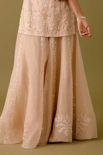 Buy_Devnaagri_Beige Organza, Satin, Sequins, Dori Kurta Sharara Set _Online_at_Aza_Fashions