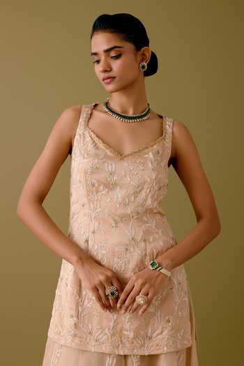 Shop_Devnaagri_Beige Organza, Satin, Sequins, Dori Kurta Sharara Set _Online_at_Aza_Fashions