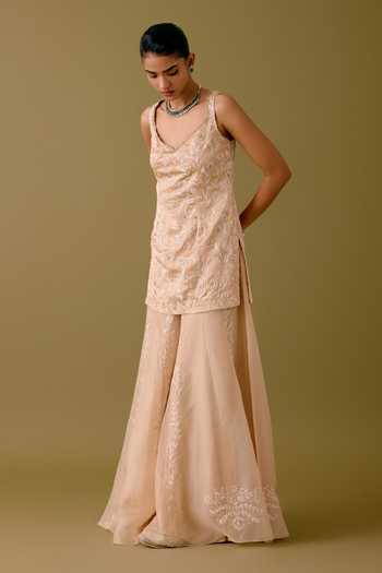 Devnaagri_Beige Organza, Satin, Sequins, Dori Kurta Sharara Set _at_Aza_Fashions