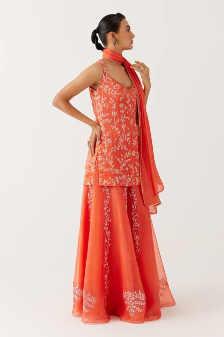 Devnaagri_Orange Organza, Satin, Sequins, Embroidery V-neck Dori Kurta Set _Online_at_Aza_Fashions
