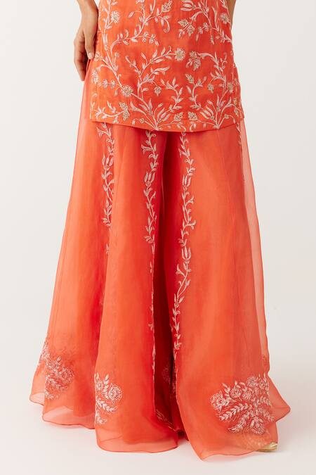 Shop_Devnaagri_Orange Organza, Satin, Sequins, Embroidery V-neck Dori Kurta Set _Online_at_Aza_Fashions