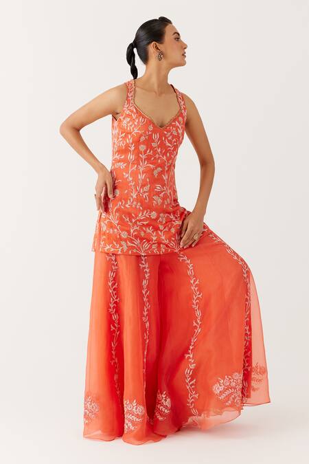 Devnaagri_Orange Organza, Satin, Sequins, Embroidery V-neck Dori Kurta Set _at_Aza_Fashions