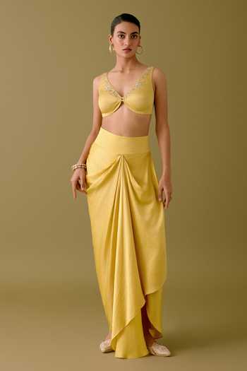 Devnaagri_Yellow Organza, Satin Blossom Dori And Sequin Cape & Draped Skirt Set _Online_at_Aza_Fashions