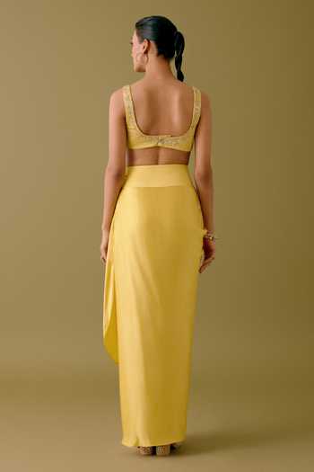 Buy_Devnaagri_Yellow Organza, Satin Blossom Dori And Sequin Cape & Draped Skirt Set _Online_at_Aza_Fashions