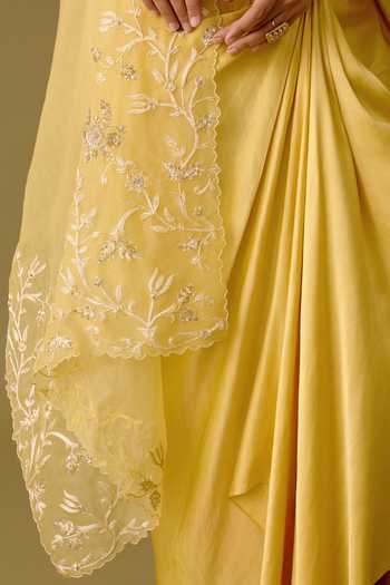 Shop_Devnaagri_Yellow Organza, Satin Blossom Dori And Sequin Cape & Draped Skirt Set _Online_at_Aza_Fashions