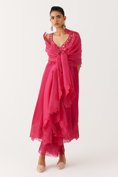 Shop Devnaagri Pink Organza, Satin Fleur Dori And Sequin Aliya Cut Anarkali Set at Aza Fashions Shop_Devnaagri_Pink Organza, Satin Fleur Dori And Sequin Aliya Cut Anarkali Set _at_Aza_Fashions