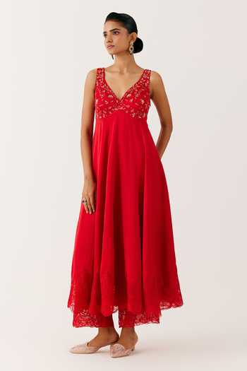 Devnaagri_Red Organza, Satin Embroidery, Fiore Dori And Aliya Cut Anarkali Set _Online_at_Aza_Fashions