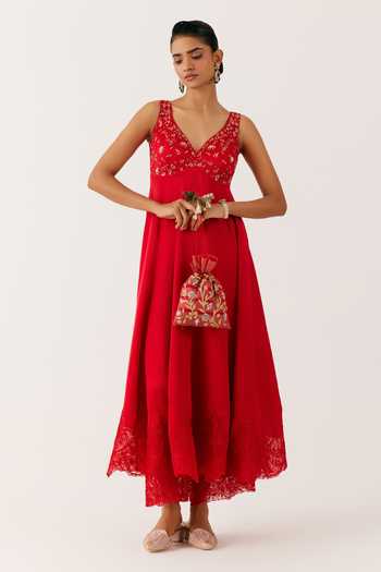 Buy_Devnaagri_Red Organza, Satin Embroidery, Fiore Dori And Aliya Cut Anarkali Set _Online_at_Aza_Fashions