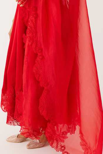 Devnaagri_Red Organza, Satin Embroidery, Fiore Dori And Aliya Cut Anarkali Set _at_Aza_Fashions