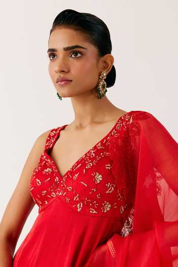 Buy_Devnaagri_Red Organza, Satin Embroidery, Fiore Dori And Aliya Cut Anarkali Set 