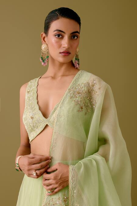 Devnaagri_Green Organza, Satin Embroidery, Sequins Ambrosia Dori And Lehenga Set _Online_at_Aza_Fashions