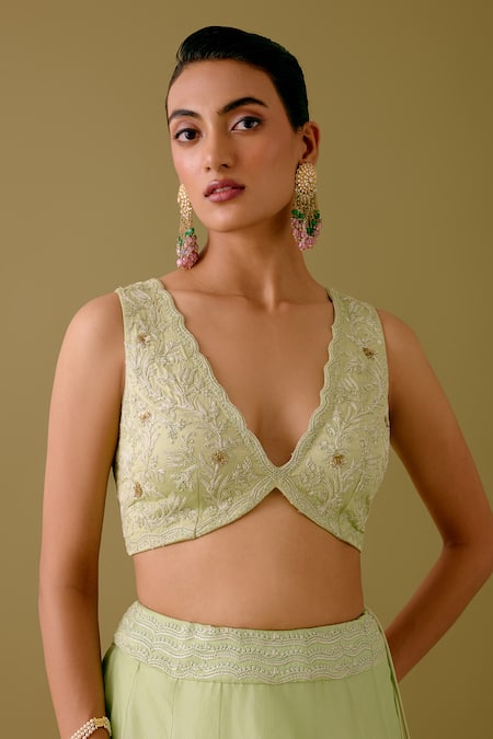 Buy_Devnaagri_Green Organza, Satin Embroidery, Sequins Ambrosia Dori And Lehenga Set _Online_at_Aza_Fashions