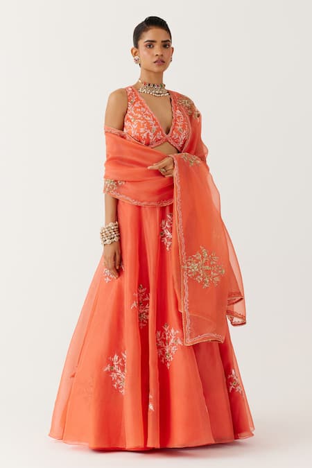 Devnaagri Orange Silk Satin Embroidery Dori Deep V Damask Bloom And Sequin Lehenga Set 