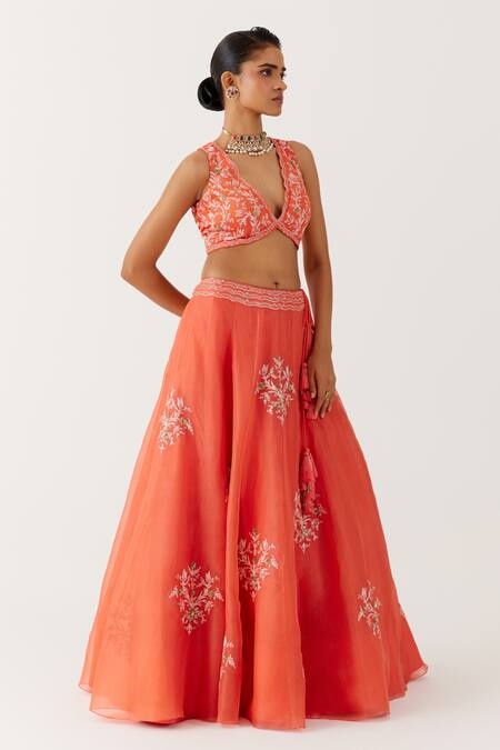 Devnaagri_Orange Organza, Satin Diamonds, Damask Bloom Dori And Lehenga Set _Online_at_Aza_Fashions