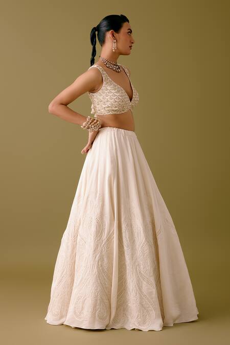 Devnaagri_Ivory Satin, Organza Pearls, Sequins, Acanthus Bloom Lehenga Set _Online_at_Aza_Fashions