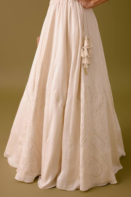 Buy_Devnaagri_Ivory Satin, Organza Pearls, Sequins, Acanthus Bloom Lehenga Set _Online_at_Aza_Fashions