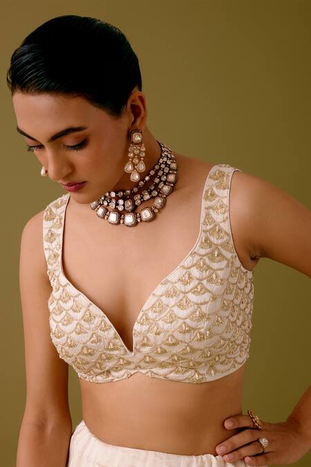 Shop_Devnaagri_Ivory Satin, Organza Pearls, Sequins, Acanthus Bloom Lehenga Set _Online_at_Aza_Fashions