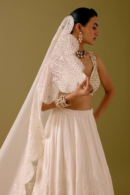 Devnaagri_Ivory Satin, Organza Pearls, Sequins, Acanthus Bloom Lehenga Set _at_Aza_Fashions