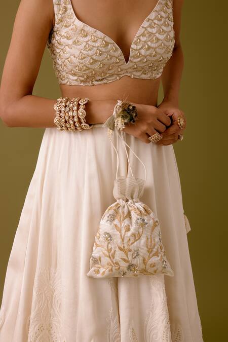 Buy_Devnaagri_Ivory Satin, Organza Pearls, Sequins, Acanthus Bloom Lehenga Set 