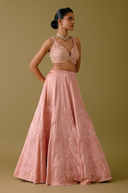Devnaagri_Pink Organza, Satin Pearls, Sequins, Acanthus Blossom Lehenga Set _Online_at_Aza_Fashions