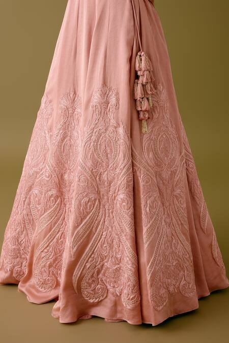 Buy_Devnaagri_Pink Organza, Satin Pearls, Sequins, Acanthus Blossom Lehenga Set _Online_at_Aza_Fashions