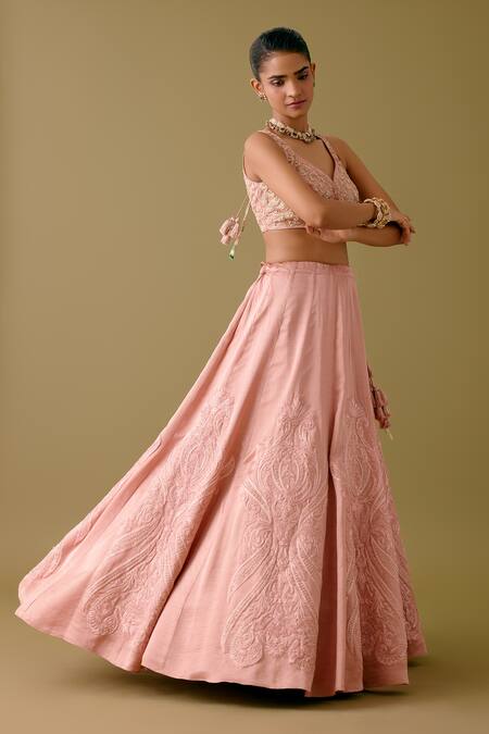 Shop_Devnaagri_Pink Organza, Satin Pearls, Sequins, Acanthus Blossom Lehenga Set _Online_at_Aza_Fashions
