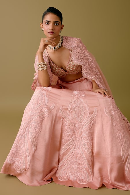 Devnaagri_Pink Organza, Satin Pearls, Sequins, Acanthus Blossom Lehenga Set _at_Aza_Fashions