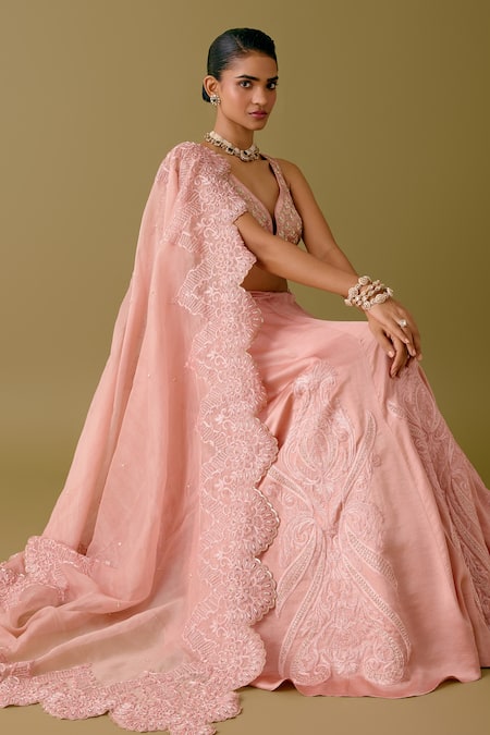 Buy_Devnaagri_Pink Organza, Satin Pearls, Sequins, Acanthus Blossom Lehenga Set 