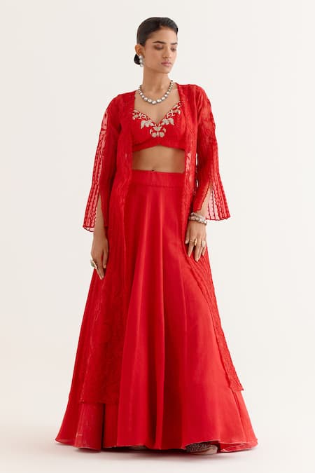 Devnaagri_Red Organza, Satin Embroidery Round Lily Bloom Jacket Lehenga Set _Online_at_Aza_Fashions