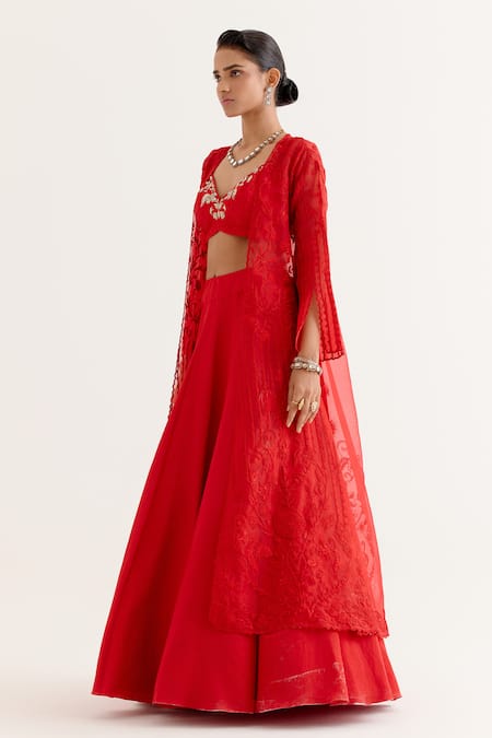 Buy_Devnaagri_Red Organza, Satin Embroidery Round Lily Bloom Jacket Lehenga Set _Online_at_Aza_Fashions