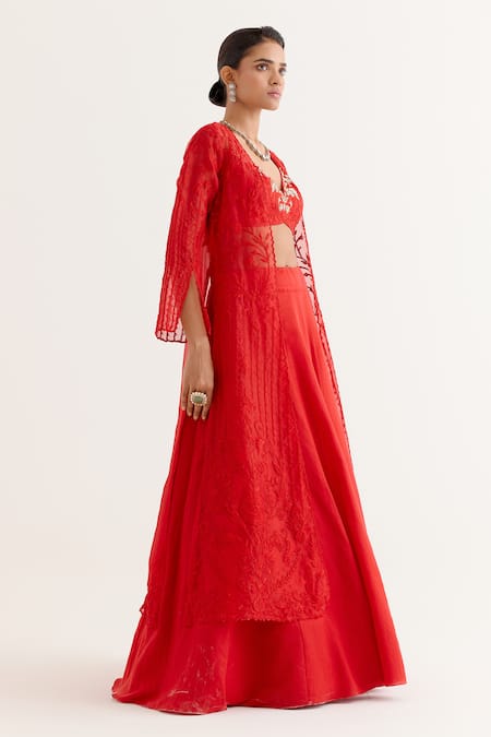 Shop_Devnaagri_Red Organza, Satin Embroidery Round Lily Bloom Jacket Lehenga Set _Online_at_Aza_Fashions