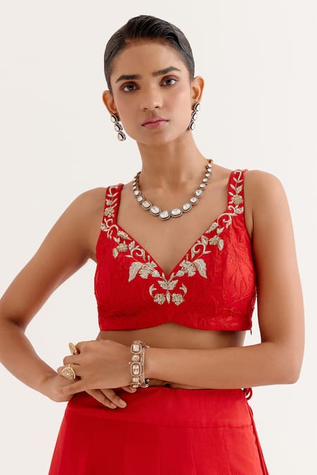 Devnaagri_Red Organza, Satin Embroidery Round Lily Bloom Jacket Lehenga Set _at_Aza_Fashions