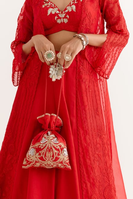 Buy_Devnaagri_Red Organza, Satin Embroidery Round Lily Bloom Jacket Lehenga Set 
