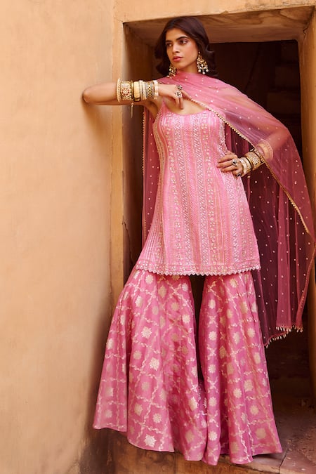 Chamee And Palak_Pink Net, Crepe, Jacquard Pearls, Beads, Embroidery Thea Kurta Flared Pant Set _Online_at_Aza_Fashions
