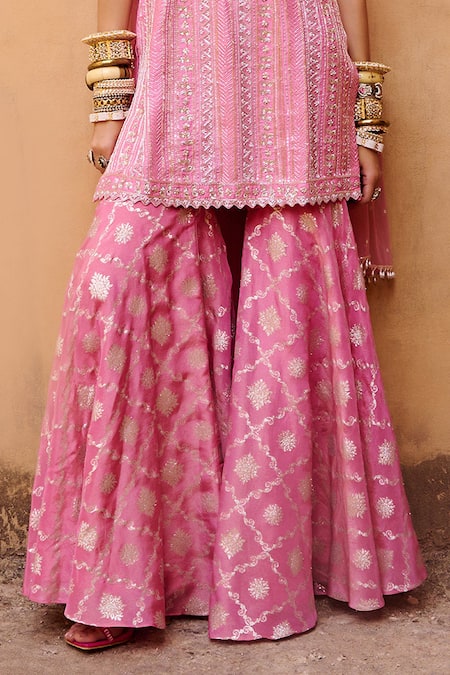 Shop_Chamee And Palak_Pink Net, Crepe, Jacquard Pearls, Beads, Embroidery Thea Kurta Flared Pant Set _Online_at_Aza_Fashions