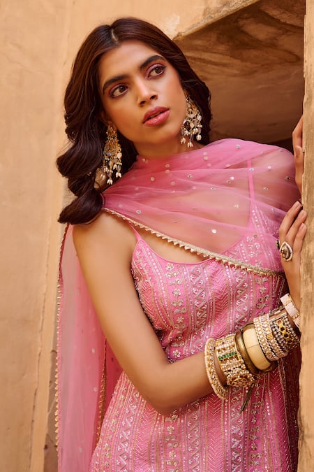 Chamee And Palak_Pink Net, Crepe, Jacquard Pearls, Beads, Embroidery Thea Kurta Flared Pant Set _at_Aza_Fashions