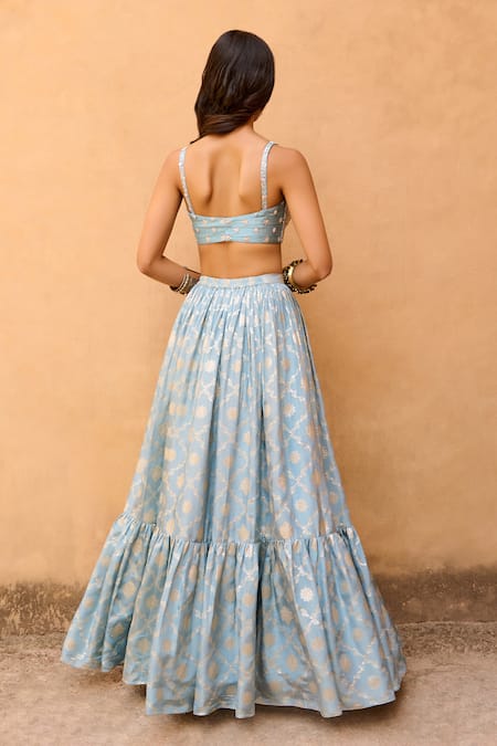 Shop_Chamee And Palak_Blue Silk, Jacquard, Net Zari, Embroidery Sweetheart Neck Layered Lehenga Set _at_Aza_Fashions